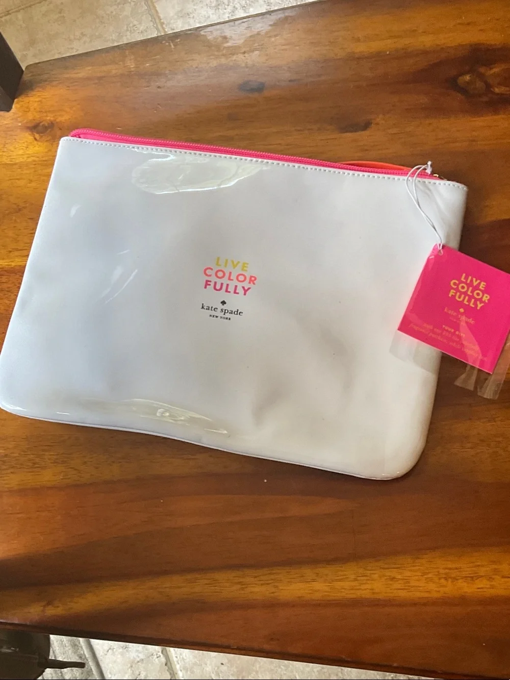 kate spade White Vinyl Pouch with Hot Pink Zipper